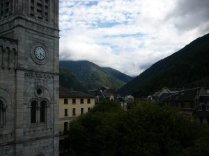 And then we drive to Bagneres du Luchon, another base. This was the view from our hotel room the first night, during which we hardly slept because of drunkards shouting and fighting in the square below.